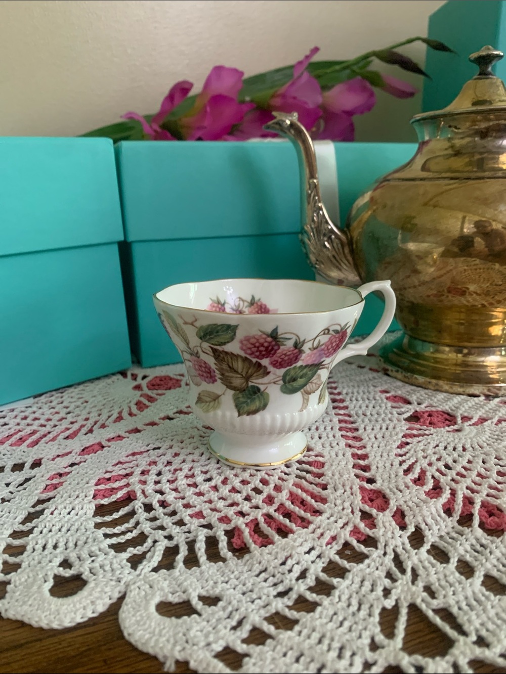 Royal Albert Raspberry Floral Bone China Teacup with Gold Trim